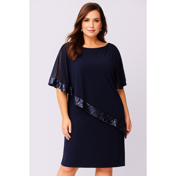 XSCAPE dress capelet sequins formal party evening cocktail sheer navy blue 12 - Picture 1 of 9